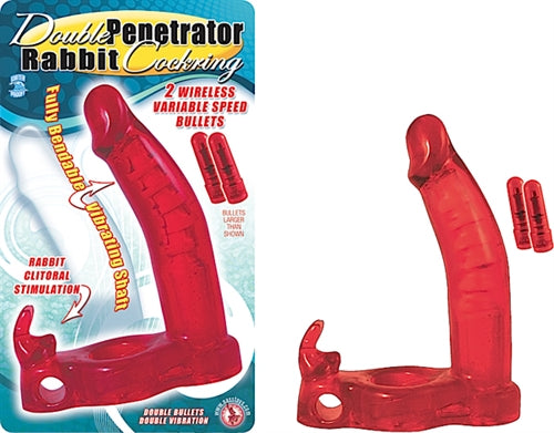 Double Penetrator Rabbit Cock Ring - Red